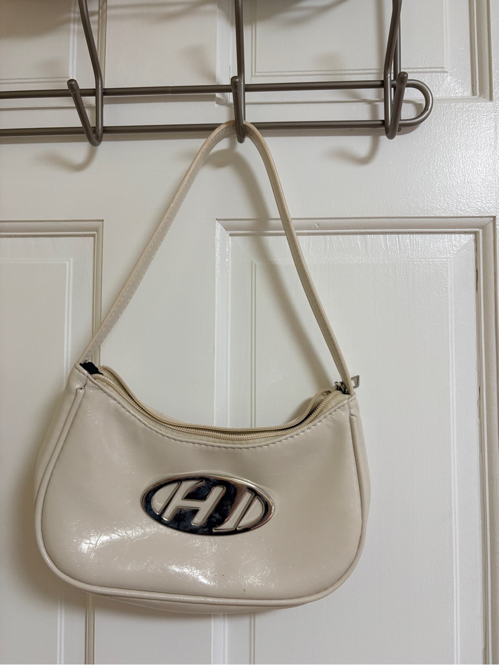 White/Cream Shoulder Bag with Oval Emblem - Women's Fashion Handbag